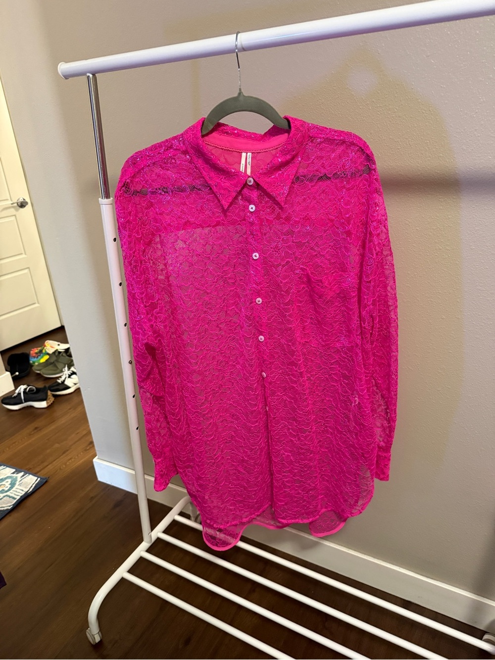 Anthropologie Hot Pink Lace Button-Down Shirt
